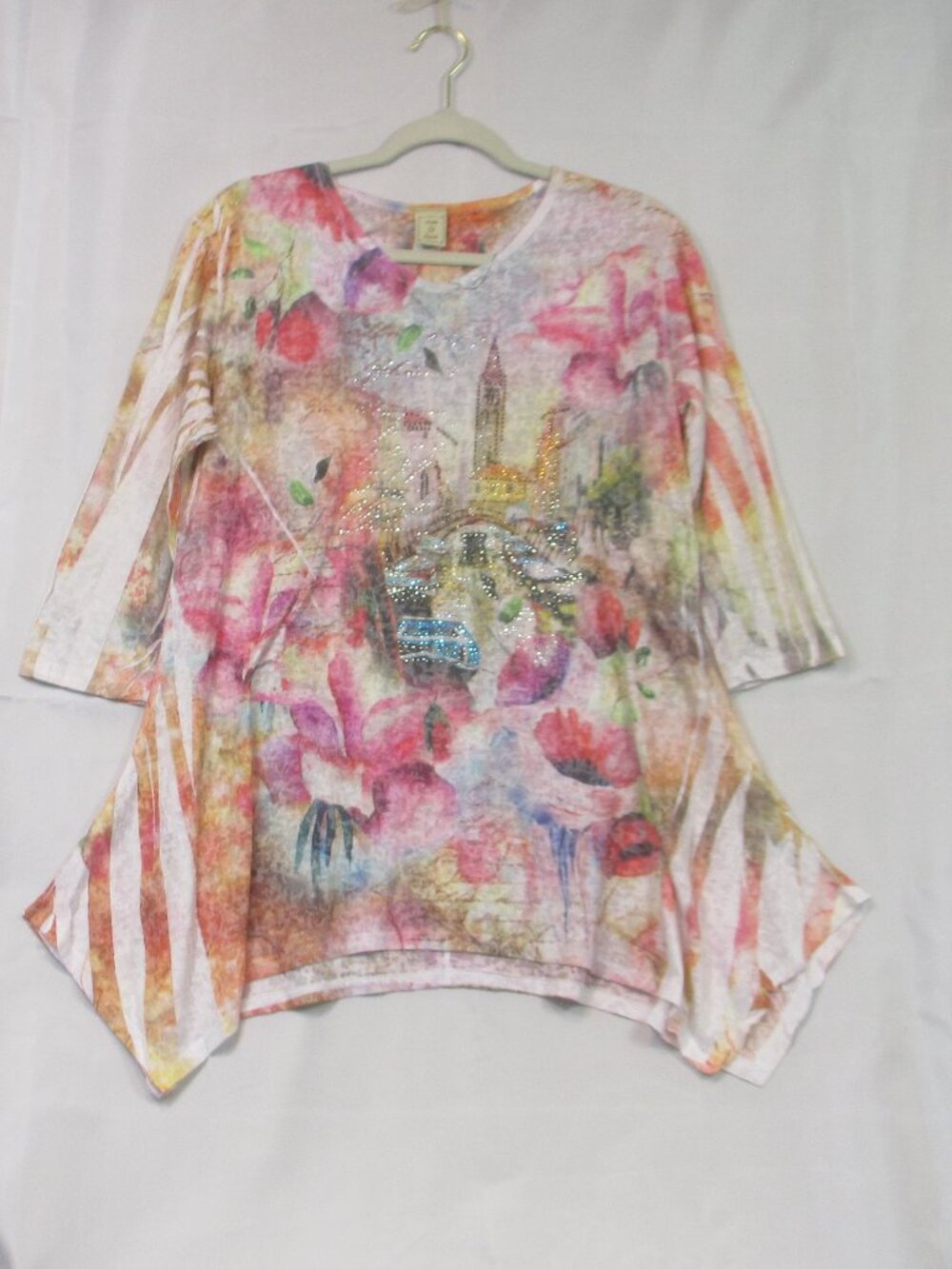 Jess & Jane Lightweight Colorful Beaded 3/4 Sl Asymmetrical Hem Top L Bohemian
